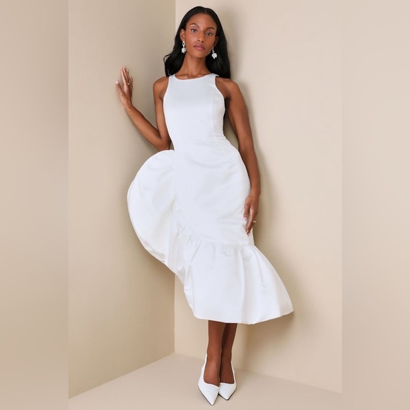 LULU’S Magnificent Presence White Ruffled Asymmetrical Midi Dress - Picture 2 of 5